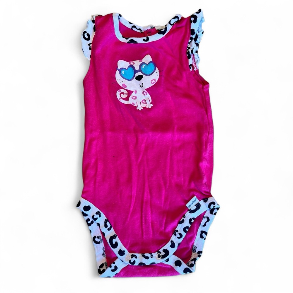 Gerber Pink and White Cat Bodysuit with Animal Print Trim